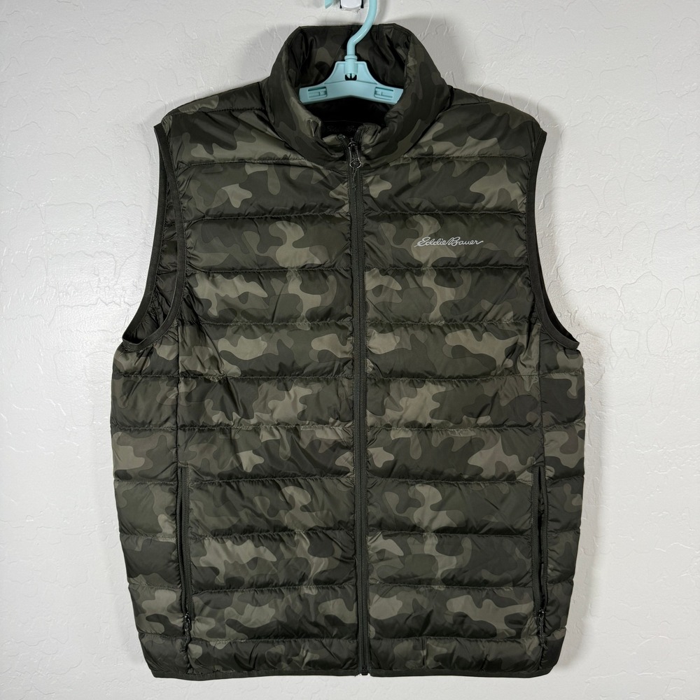 Eddie Bauer Vest Mens Medium Green Camo EB650 Goose Down Insulated Outdoor
